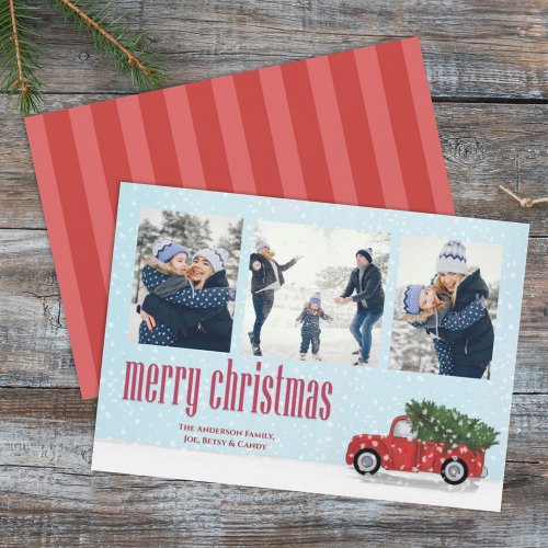 Vintage Red Truck Christmas Photo Card 3 Photo