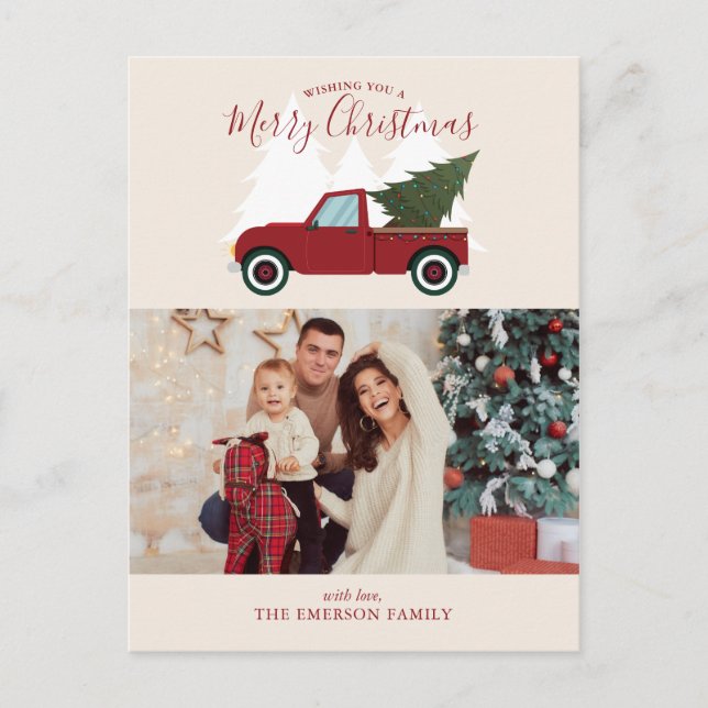 Vintage Red Truck Christmas Photo Holiday Postcard (Front)