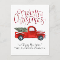 Vintage Red Truck Christmas Postcard