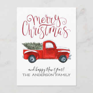 Vintage Red Truck Christmas Postcard