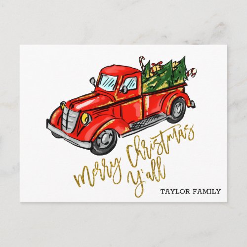 Vintage Red Truck Christmas Postcard