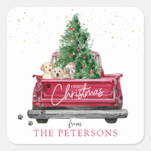 Vintage Red Truck   Christmas Puppies Pawprint  Square Sticker