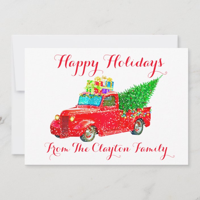 Vintage Red Truck Christmas Tree And Presents Holiday Card Zazzle Com