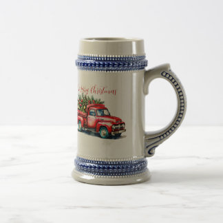 Vintage Red Truck Christmas Tree Beer Stein