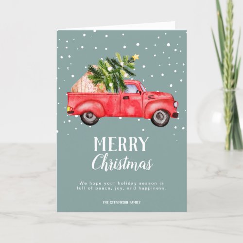 Vintage red truck Christmas tree blue 3 photo Holiday Card
