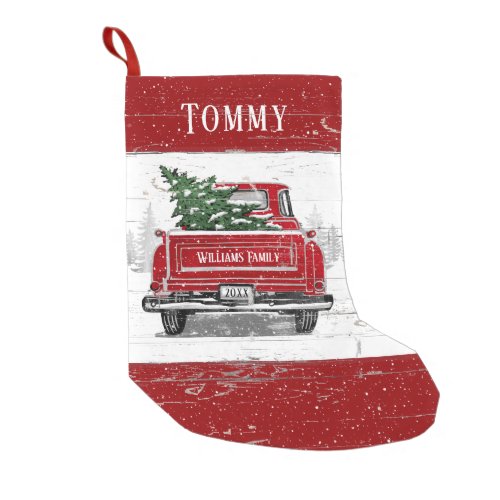 Vintage Red Truck Christmas Tree Boy Name Small Christmas Stocking