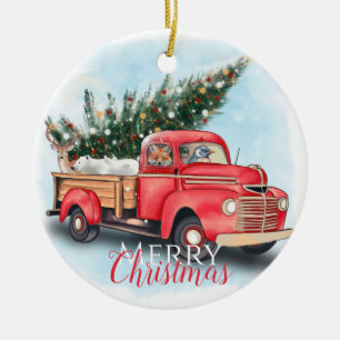 Vintage Red Truck Christmas Tree Ceramic Ornament