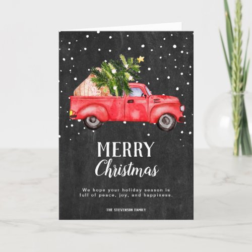 Vintage red truck Christmas tree chalk 3 photo Holiday Card