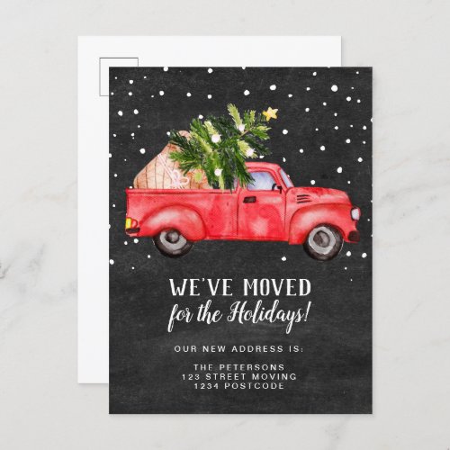Vintage red truck Christmas tree chalkboard moving Announcement Postcard