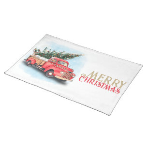 Vintage Red Truck Christmas Tree Cloth Placemat