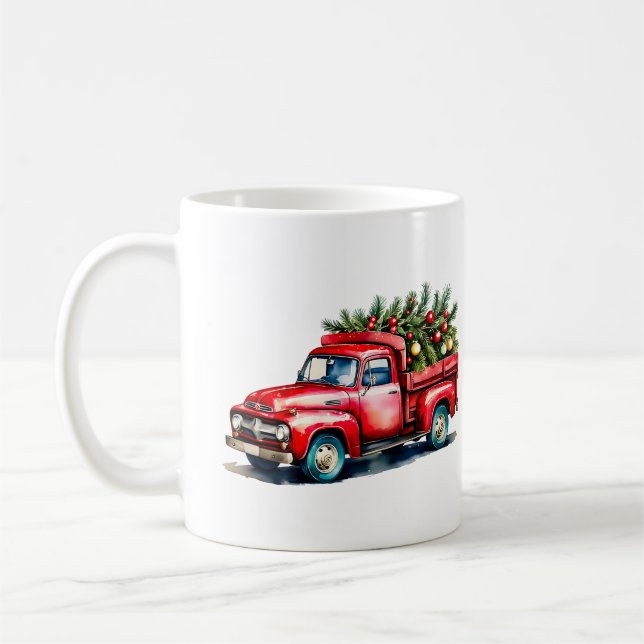Vintage Red Truck Christmas Tree Coffee Mug (Left)