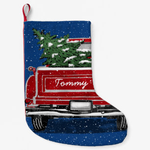 Vintage Red Truck Christmas Tree Custom Name Small Christmas Stocking