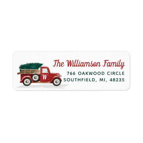 Vintage Red Truck Christmas Tree Delivery Monogram Label