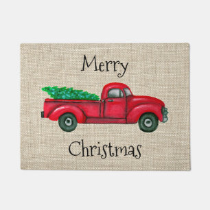 Vintage Red Truck Christmas Tree Doormat