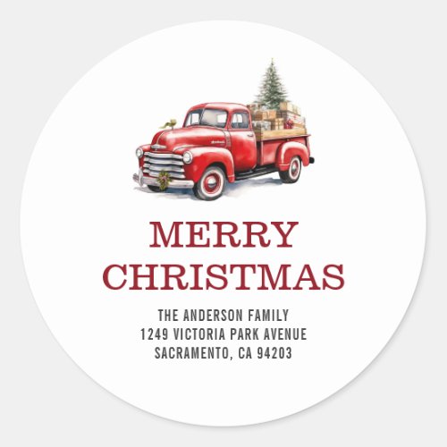 Vintage Red Truck Christmas Tree Family Address Classic Round Sticker