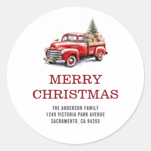 Vintage Red Truck Christmas Tree Family Address Classic Round Sticker
