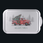 Vintage Red Truck Christmas Tree Family Name Cake Pan<br><div class="desc">This custom holiday cake pan features a vintage red truck with a Christmas tree and pine trees in the background. Below is your family name to personalize. Designed by world renowned artist ©Tim Coffey.</div>