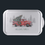 Vintage Red Truck Christmas Tree Family Name Cake Pan<br><div class="desc">This custom holiday cake pan features a vintage red truck with a Christmas tree and pine trees in the background. Below is your family name to personalize. Designed by world renowned artist ©Tim Coffey.</div>