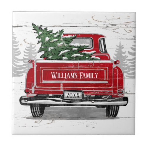 Vintage Red Truck Christmas Tree Family Name Ceramic Tile