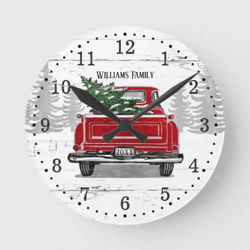 Vintage Red Truck Christmas Tree Family Name Round Clock