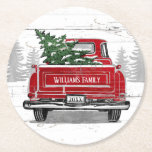 Vintage Red Truck Christmas Tree Family Name Round Paper Coaster<br><div class="desc">Add a touch of rustic to your holiday party decor with these personalized paper coasters. The design features a vintage red truck with a Christmas tree in the back on a background of white weathered wood with pine trees. Customize your name and the year on the back of the truck....</div>