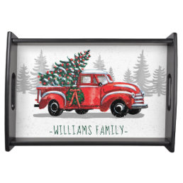 Vintage Red Truck Christmas Tree Family Name Serving Tray