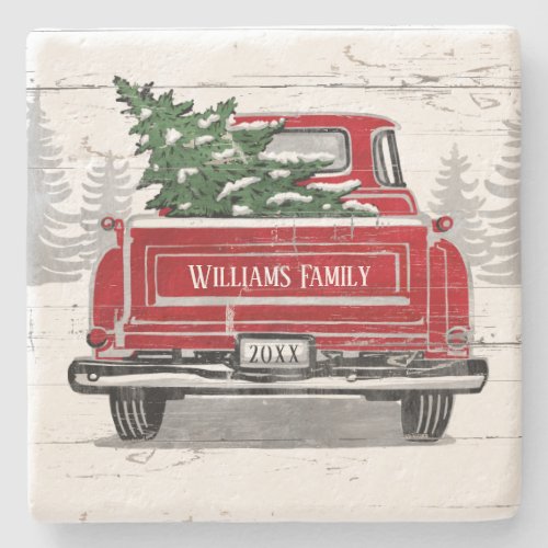 Vintage Red Truck Christmas Tree Family Name Stone Coaster
