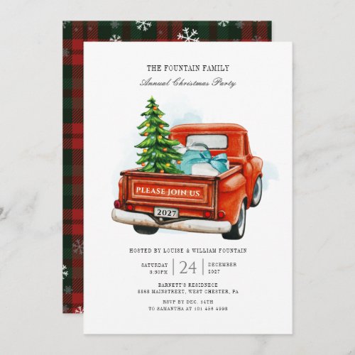 Vintage Red Truck Christmas Tree Family Party Invitation