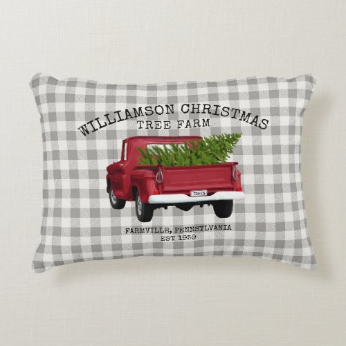 VINTAGE RED TRUCK CHRISTMAS TREE FARM YOUR NAME ACCENT PILLOW