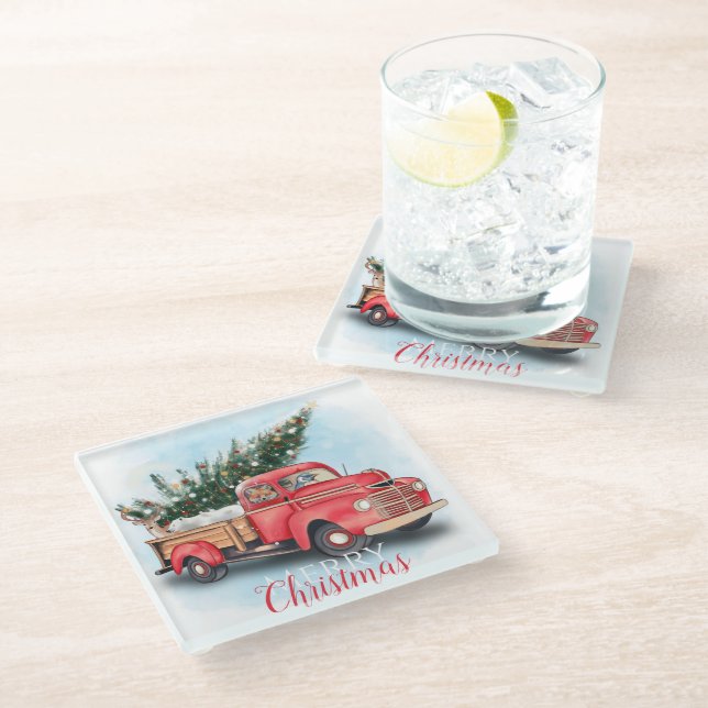 Vintage Red Truck Christmas Tree Glass Coaster (Angled)