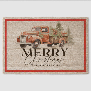 Vintage Red Truck Christmas Tree Holiday Coir Fiber Doormat