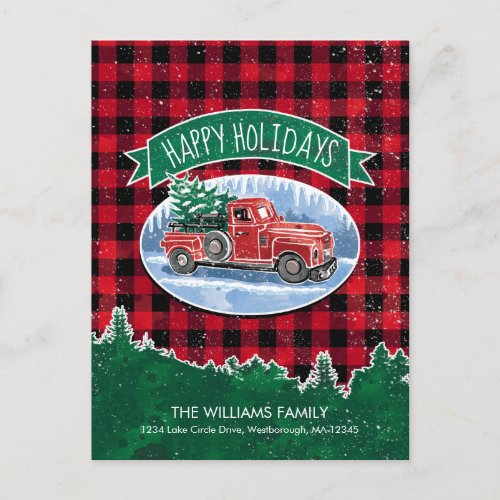 Vintage Red Truck Christmas Tree Holiday Moving Announcement Postcard