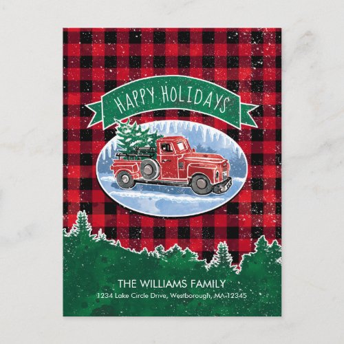 Vintage Red Truck Christmas Tree Holiday Moving Announcement Postcard