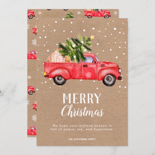 Vintage red truck Christmas tree kraft Merry  Holiday Card