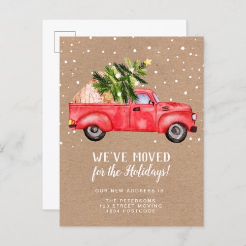 Vintage red truck Christmas tree kraft moving Announcement Postcard