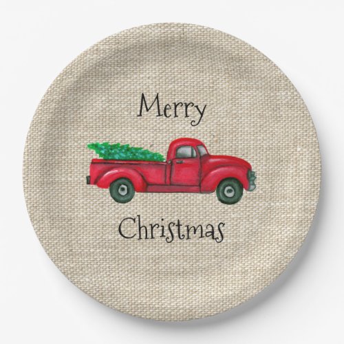 Vintage Red Truck Christmas Tree Melamine Plate