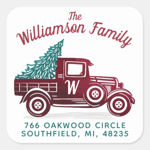 Vintage Red Truck Christmas Tree Monogram Address Square Sticker