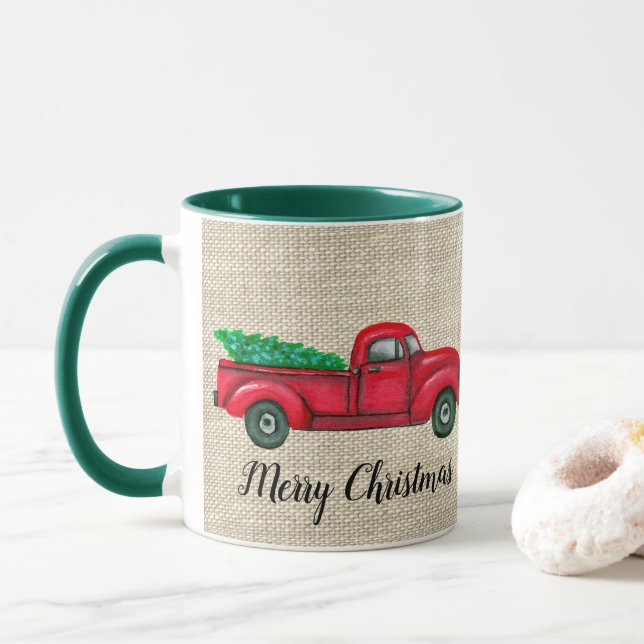 Vintage Red Truck Christmas Tree Mug (With Donut)