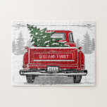 Vintage Red Truck Christmas Tree Name Rustic Jigsaw Puzzle<br><div class="desc">Gather round with your family and put together this jigsaw puzzle perfect for anyone who loves trucks. This design features a vintage red truck carrying a freshly cut green Christmas tree in a snowy scene with pine trees on a background of white and gray weathered wood. Personalize with your name...</div>