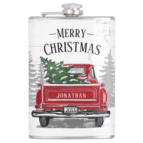 Vintage Red Truck Christmas Tree Name Rustic Wood Flask