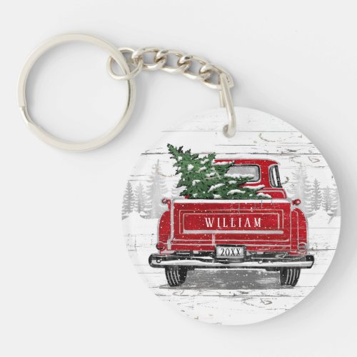 Vintage Red Truck Christmas Tree Name Rustic Wood Keychain