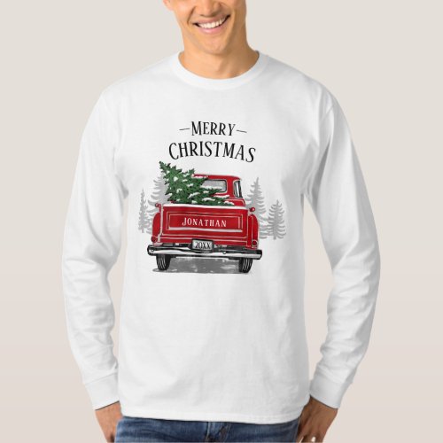 Vintage Red Truck Christmas Tree Name Rustic Wood  T_Shirt