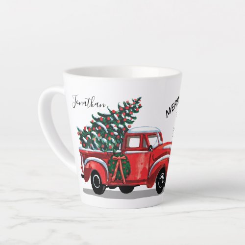 Vintage Red Truck Christmas Tree Name Script Latte Mug