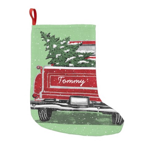 Vintage Red Truck Christmas Tree Name Small Christmas Stocking