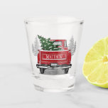 Vintage Red Truck Christmas Tree Name Year Shot Glass<br><div class="desc">This holiday shot glass for that special guy in your life features a vintage red truck with a Christmas tree. Personalize with a name and year on the back of the truck. Designed by world renowned artist Tim Coffey.</div>