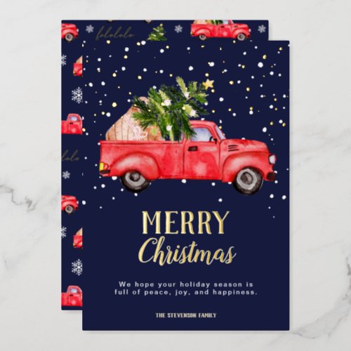 Vintage red truck Christmas tree navy Merry Foil Holiday Card