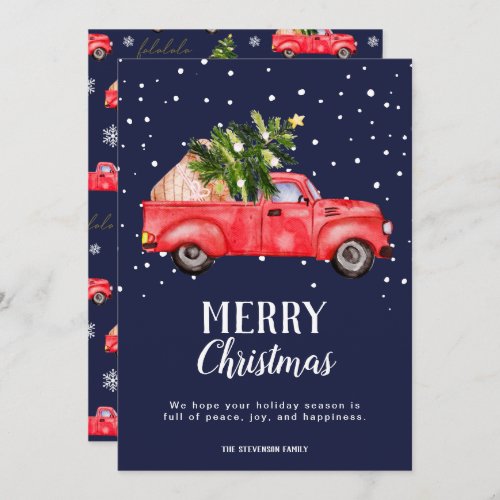 Vintage red truck Christmas tree navy Merry Holiday Card