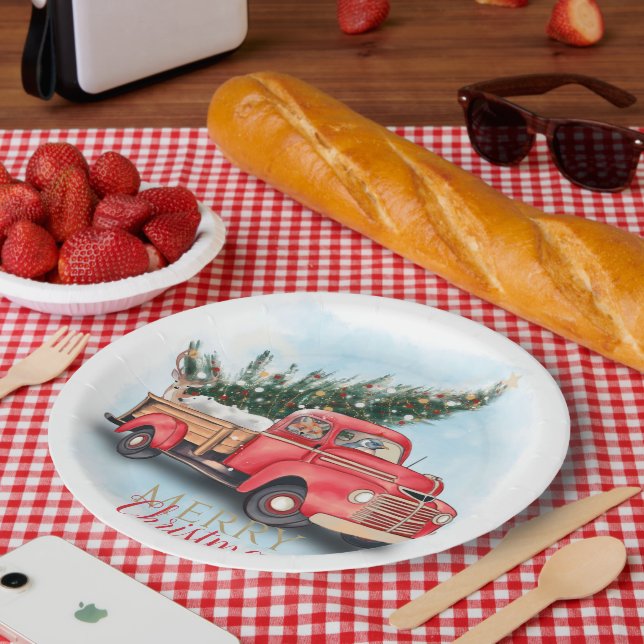 Vintage Red Truck Christmas Tree Paper Plates (Picnic)