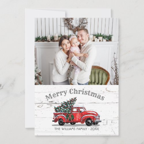 Vintage Red Truck Christmas Tree Photo Rustic Holiday Card