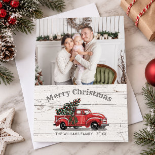 Vintage Red Truck Christmas Tree Photo Rustic Holiday Card